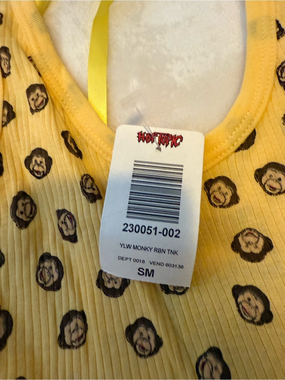 Hot Topic Yellow Ribbed Tank with Monkey Print - Picture 3 of 7